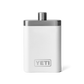 A white flask with a silver top, and silver YETI logo on the front.