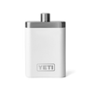 A white flask with a silver top, and silver YETI logo on the front.