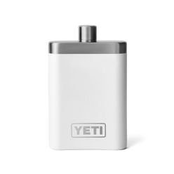 A white flask with a silver top, and silver YETI logo on the front.