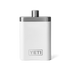 A white flask with a silver top, and silver YETI logo on the front.