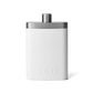 The back side of a white flask, with a silver top, and an all white YETI logo on the back.