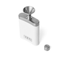 A white flask with a silver funnel on top for easy pouring, with a silver YETI logo on the front of the flask.