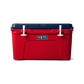 Front view of the limited edition 2024 YETI patriotic Tundra 45 Cooler. The top lid is navy blue, the base of the cooler is red, and the secure straps are white. The cooler shows a classic YETI brand logo on the front.