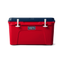Front view of the limited edition 2024 YETI patriotic Tundra 45 Cooler. The top lid is navy blue, the base of the cooler is red, and the secure straps are white. The cooler shows a classic YETI brand logo on the front.