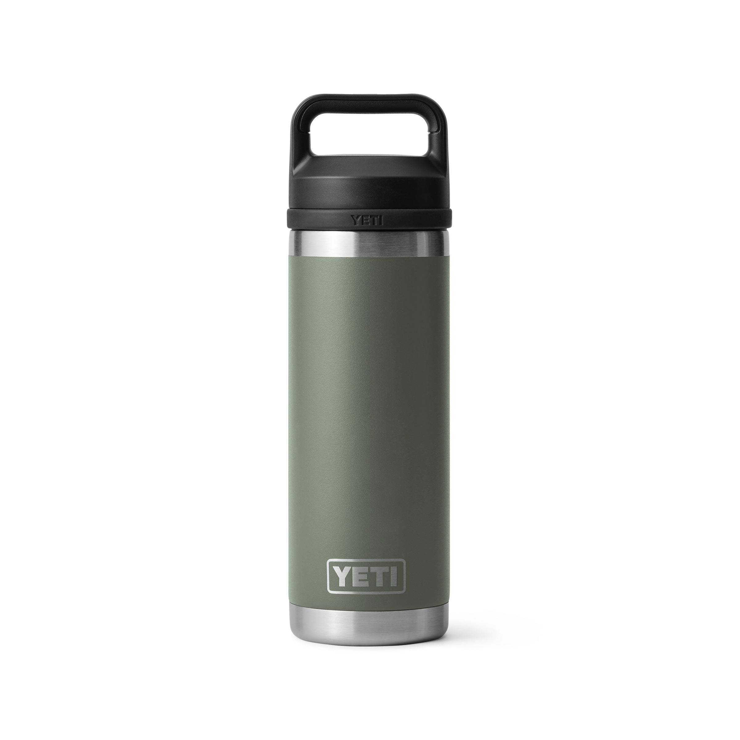 A YETI Rambler 18 oz Bottle with a Chug cap, in Camp Green.
