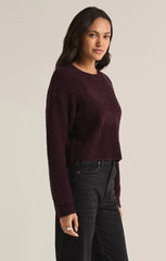 Full front view of the Destiny Sweater in the color Berry Red. The sweater stops at the hip. It's designed by the brand Z Supply.