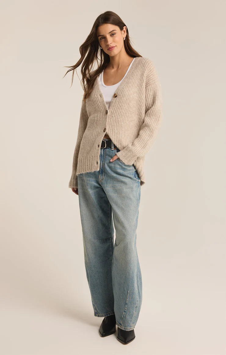 Light Oatmeal Heather color Cardigan for women. The cardigan features 5 front buttons.