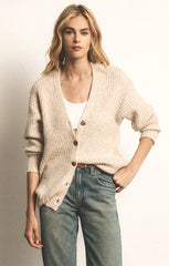 Light Oatmeal Heather color Cardigan for women. The cardigan features 5 front buttons.