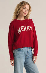 An all red knit sweater featuring the intarsia graphic "Merry." From the brand Z Supply.