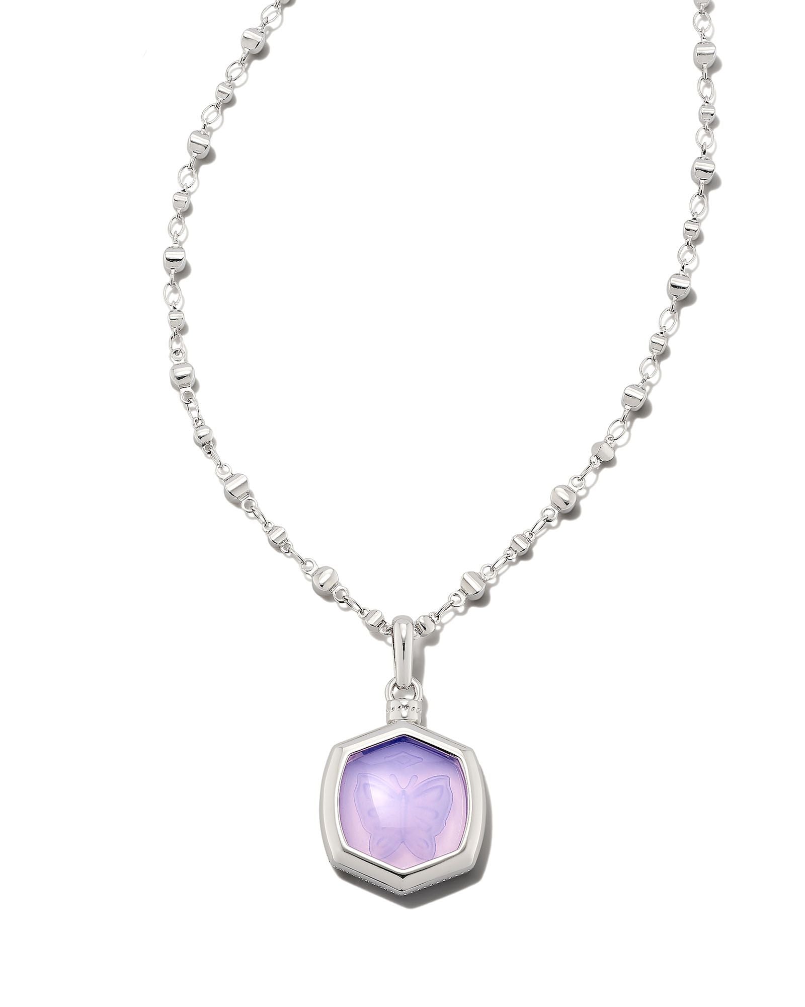 Kendra Scott Davie Intaglio Pendant Necklace In Rhodium Lavender Opalite Butterfly.