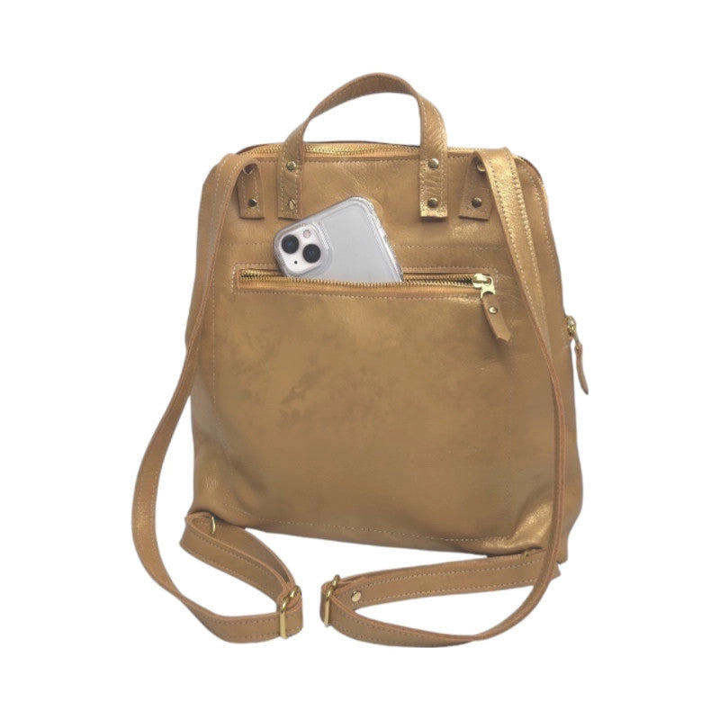 Back view of Beaudin Riley bronze backpack showing adjustable straps and zippered pocket