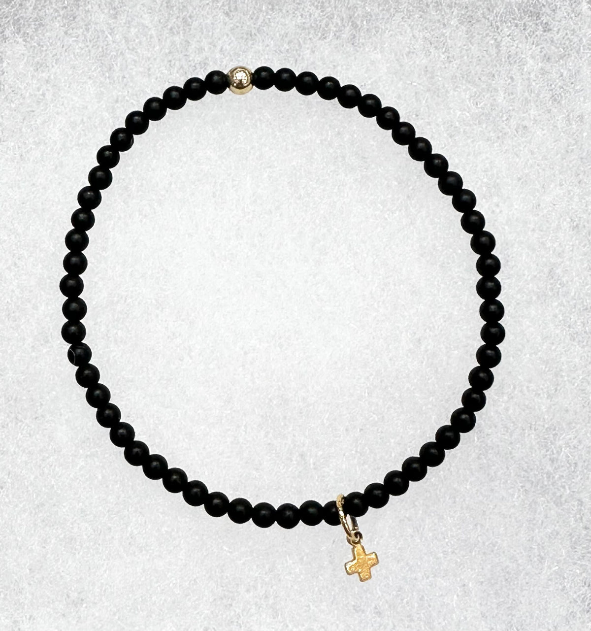 Gemstone Bead Bracelet - Matte Onyx - Signature Cross Small Gold Charm