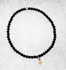 Gemstone Bead Bracelet - Matte Onyx - Signature Cross Small Gold Charm