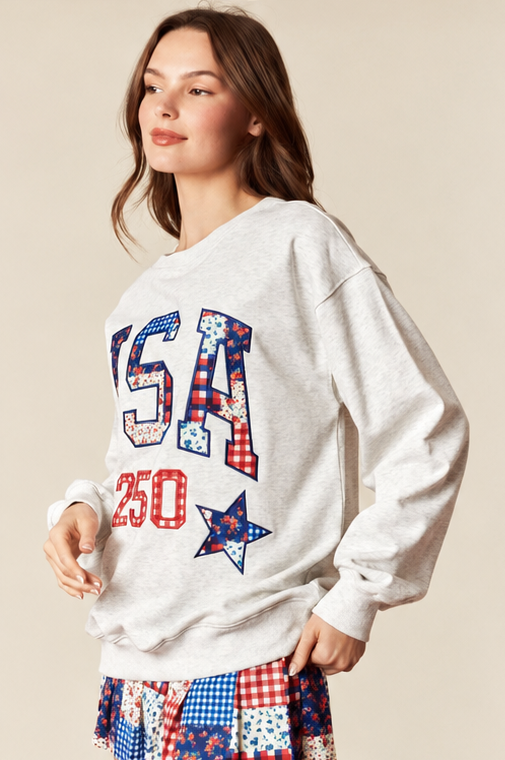 Embroidered USA Patchwork Crewneck