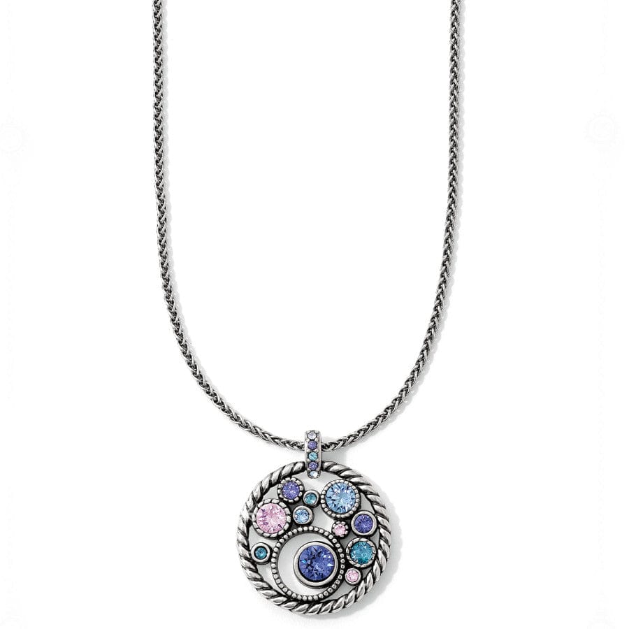 Brighton Halo Necklace in Silver-Tanzanite, close-up of the multicolored crystal pendant
