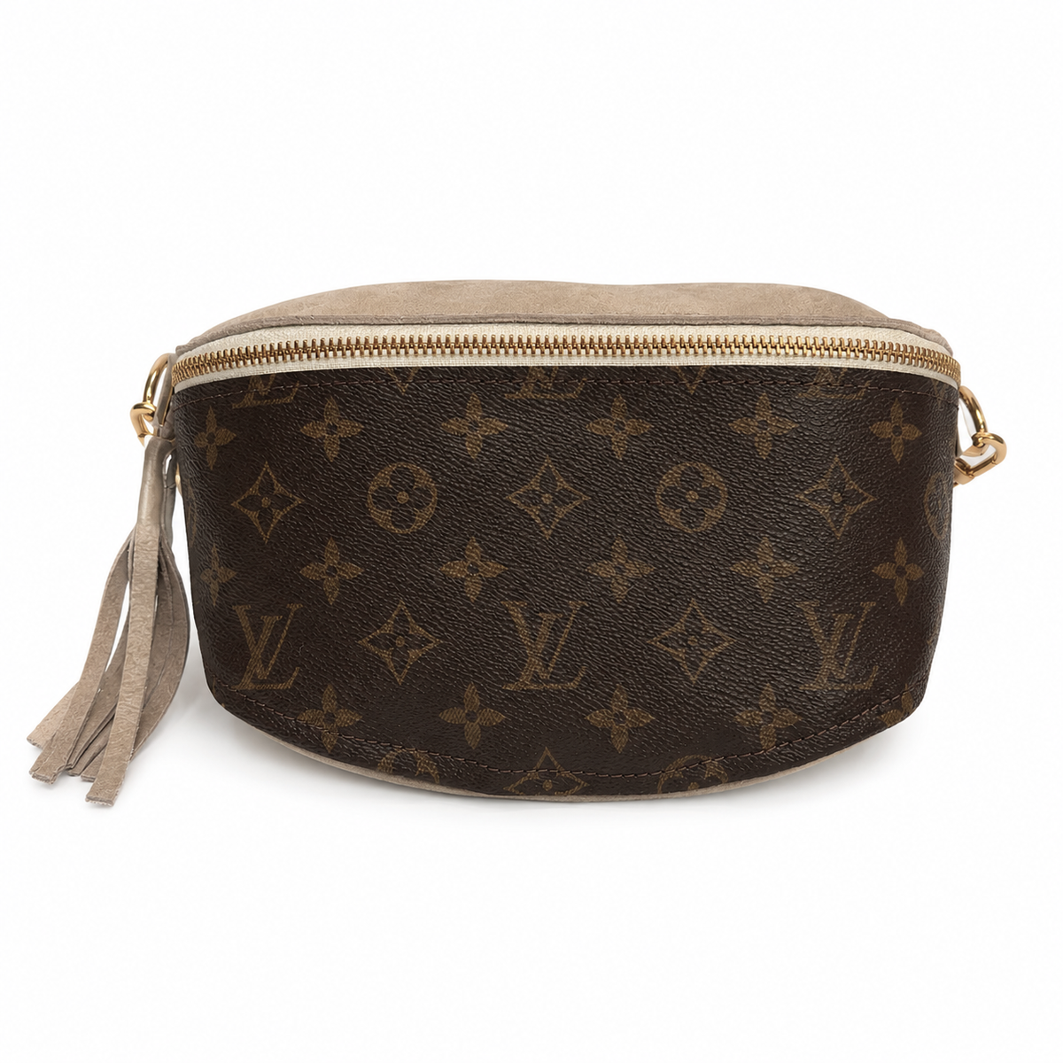 Britt Belt Bag - Upcycled Monogram Full Front - Stone front view