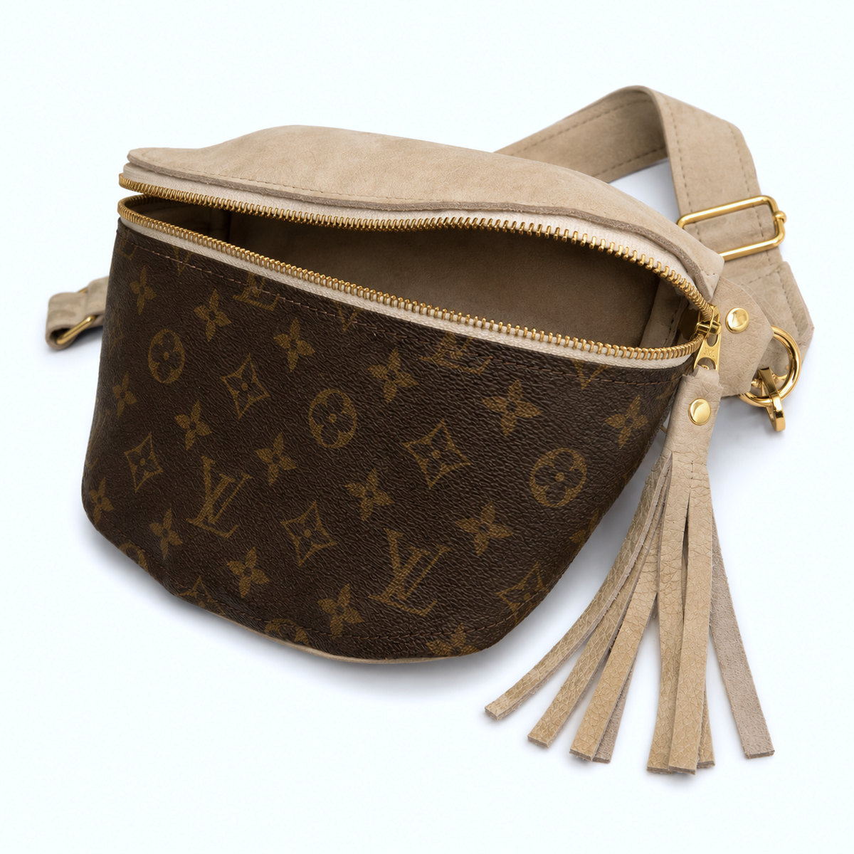 Britt Belt Bag - Upcycled Monogram Full Front - Stone detail view 2