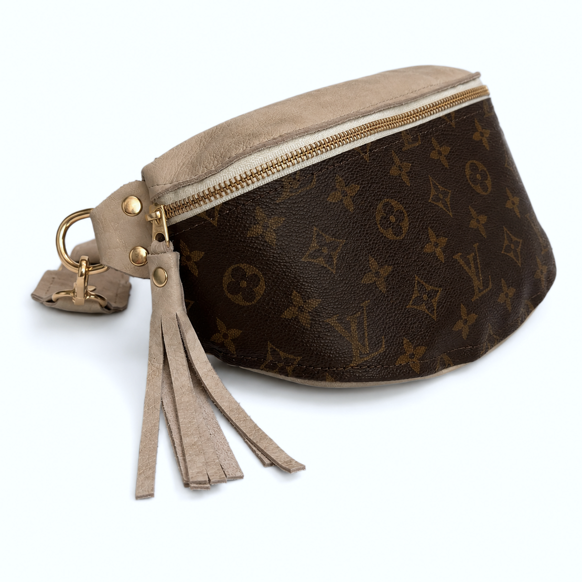 Britt Belt Bag - Upcycled Monogram Full Front - Stone detail view 3