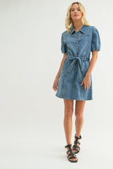 Annie Denim Puff Sleeve Belted Mini Dress