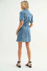 Annie Denim Puff Sleeve Belted Mini Dress