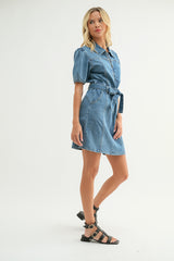 Annie Denim Puff Sleeve Belted Mini Dress