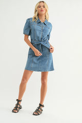 Annie Denim Puff Sleeve Belted Mini Dress