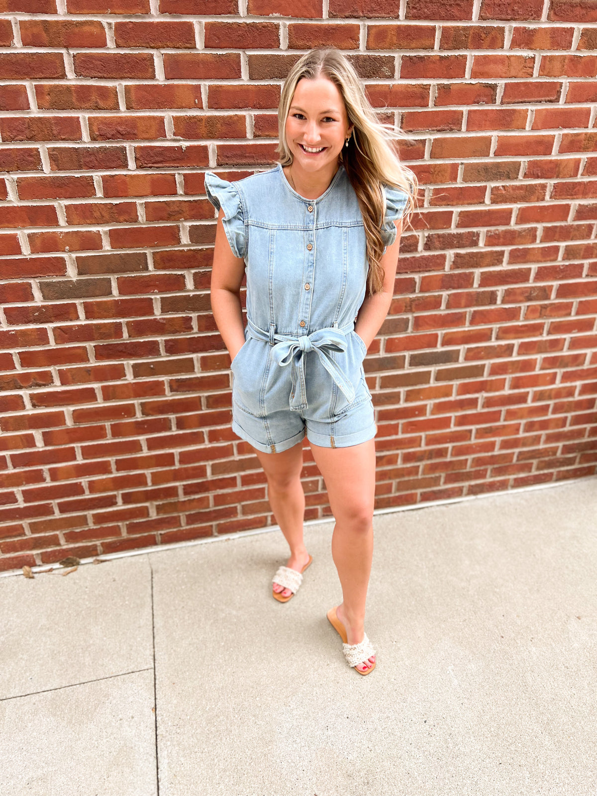 Daisy Mercantile Denim Ruffle Sleeve Romper