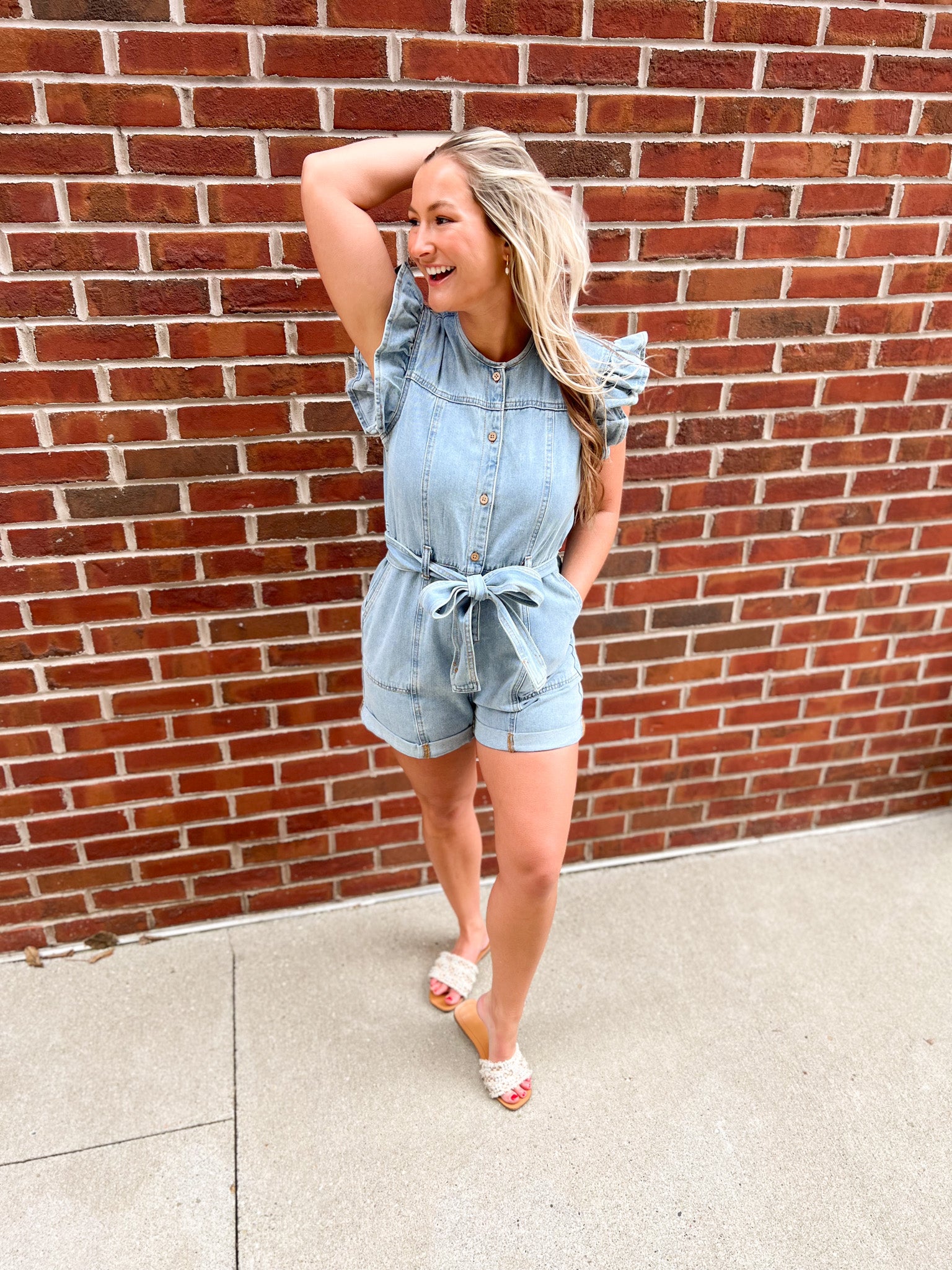 Daisy Mercantile Denim Ruffle Sleeve Romper