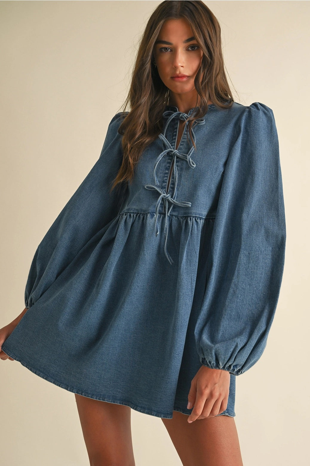 Daisy Mercantile Georgie Denim Bow Mini Dress Medium Wash / Small Daisy Mercantile Georgie Denim Bow Mini Dress Medium Wash / Small