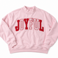 Daisy Mercantile Joyful Mockneck Sweatshirt front embroidery detail (Pink)