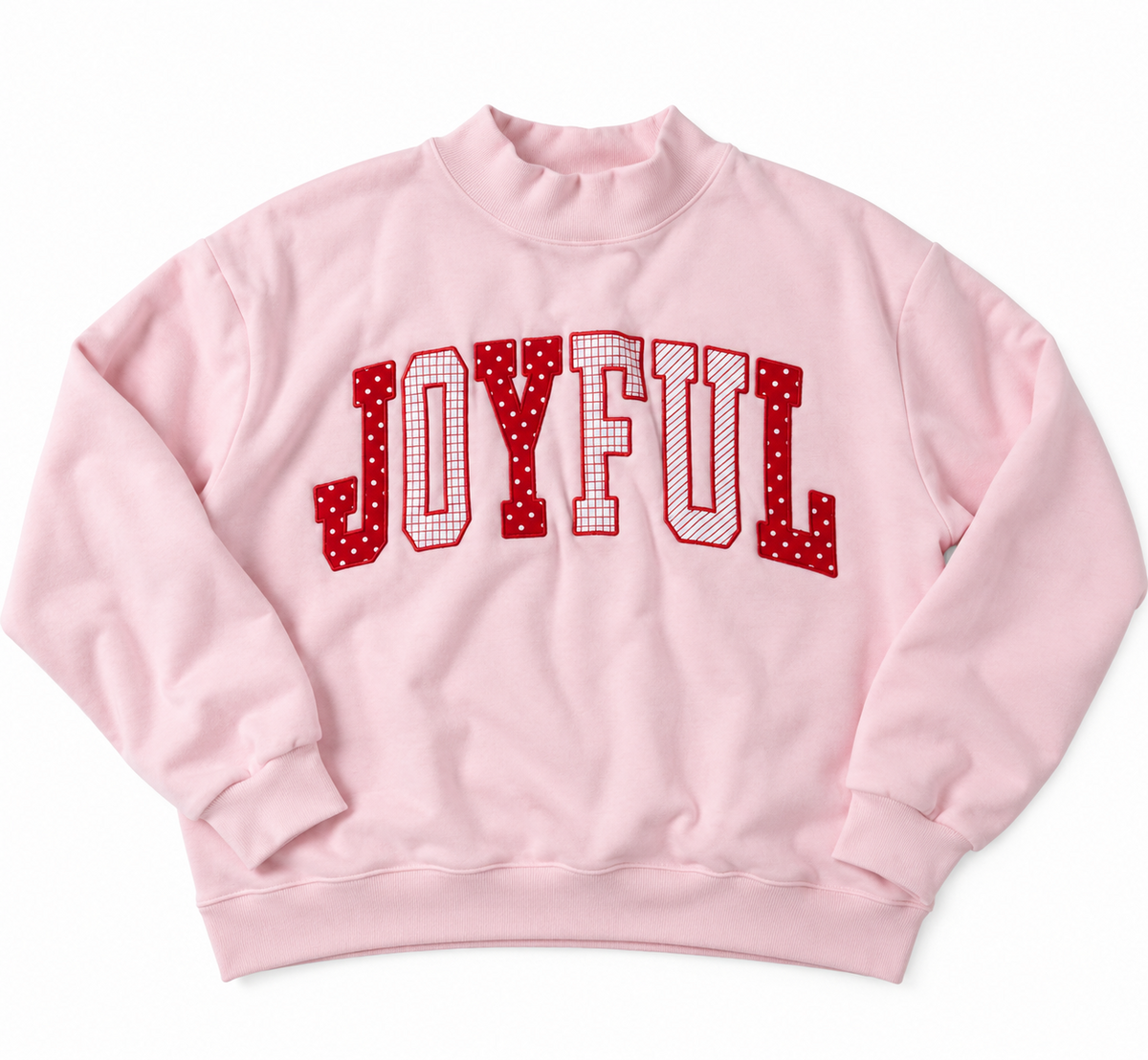 Daisy Mercantile Joyful Mockneck Sweatshirt front embroidery detail (Pink)