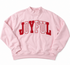 Daisy Mercantile Joyful Mockneck Sweatshirt front embroidery detail (Pink)