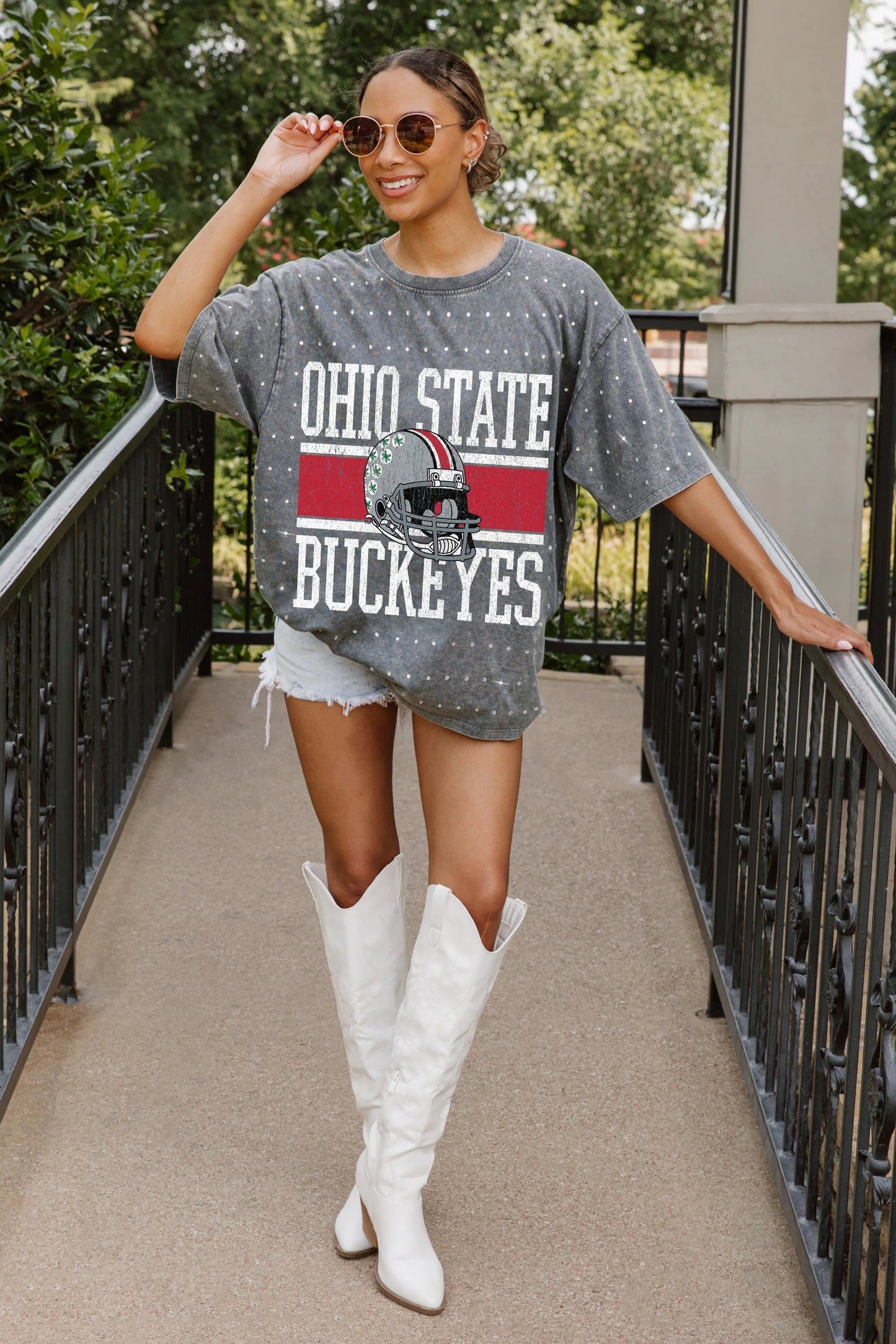 Ohio State Oversized All-Over Rhinestone Short Sleeve Tee