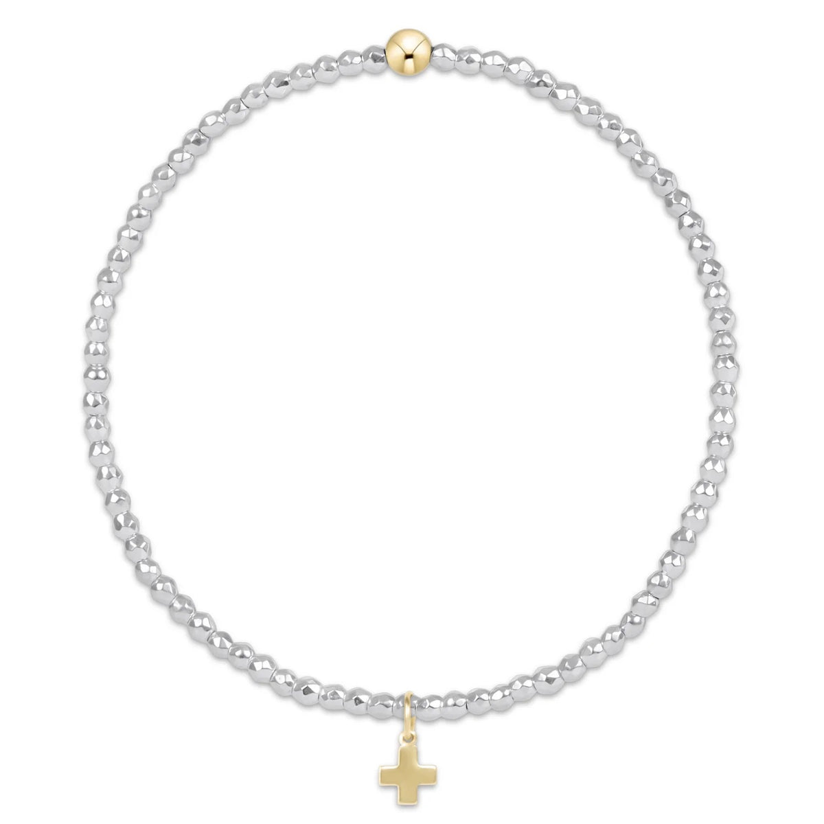egirl Bright Silver Faceted Hematite 2mm Bead Bracelet - Signature Cross Gold Charm