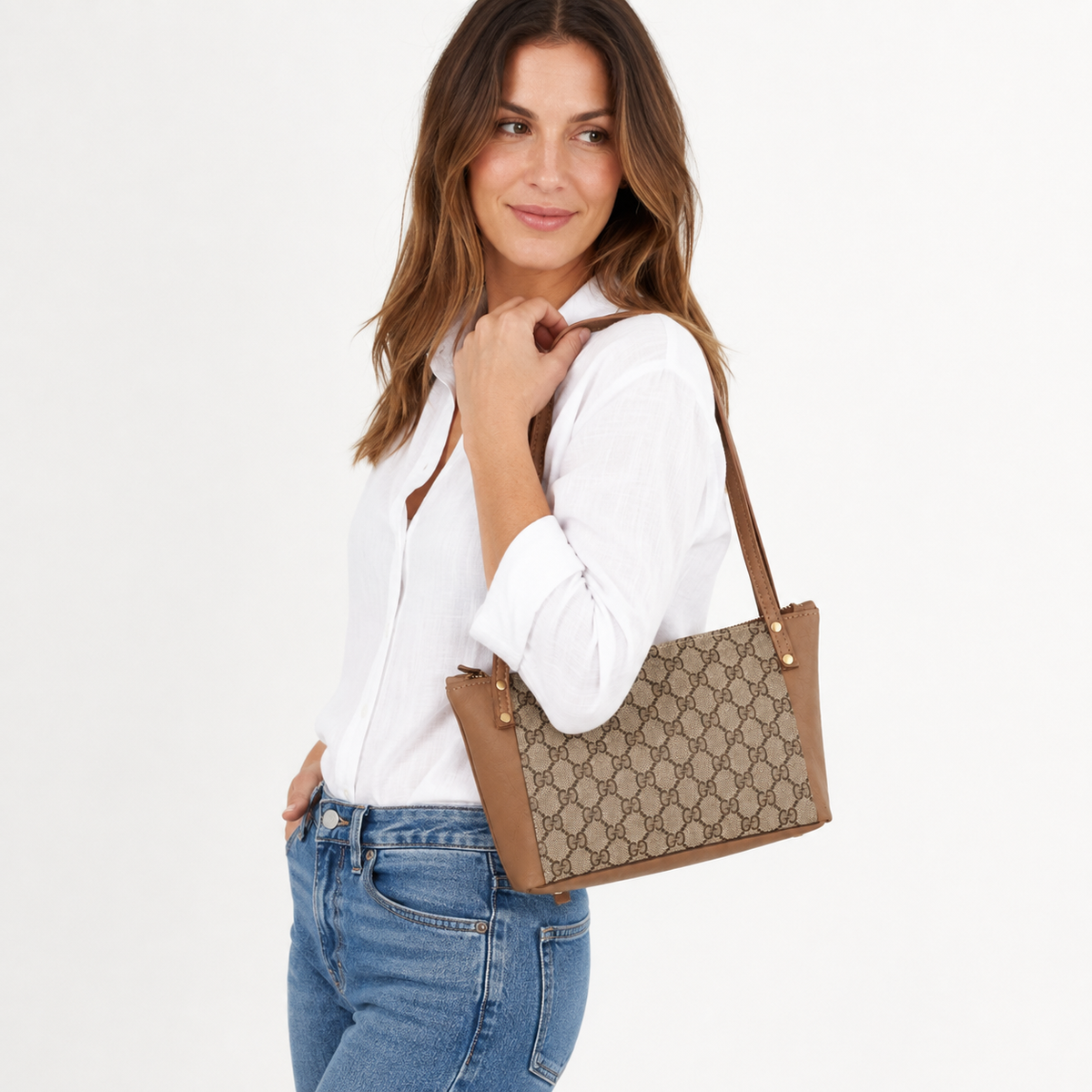 Emma Shoulder Bag - Upcycled Interlock - Mocha Mousse detail view 1