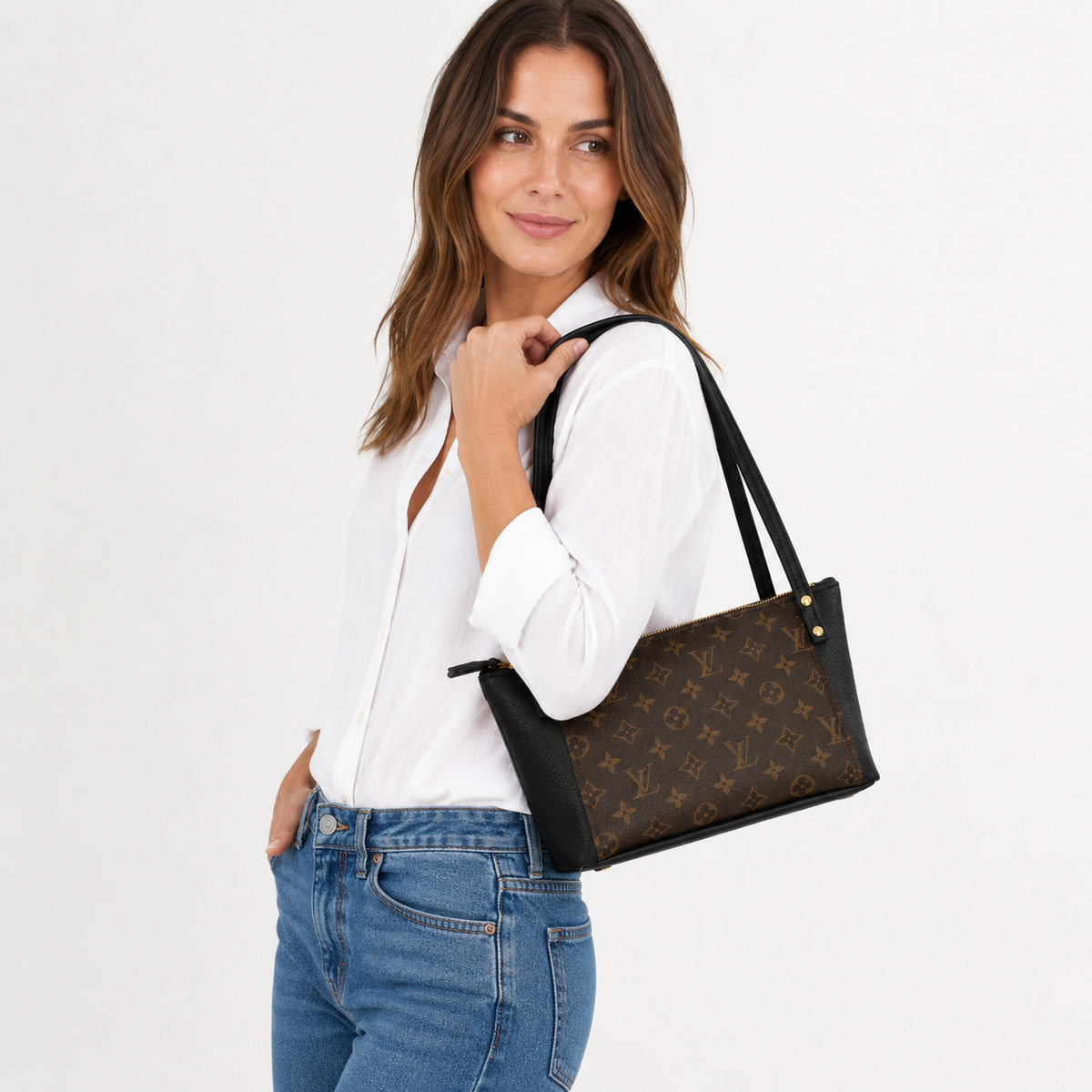 Emma Shoulder Bag - Upcycled Monogram - Black detail view 1
