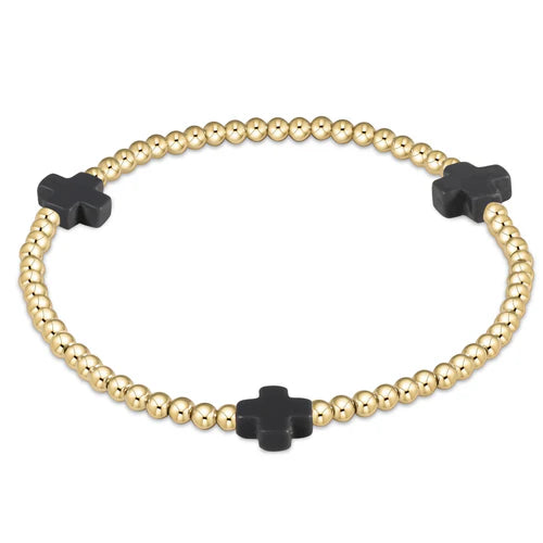 Signature Cross Gold Pattern 3mm Bead Bracelet - Charcoal