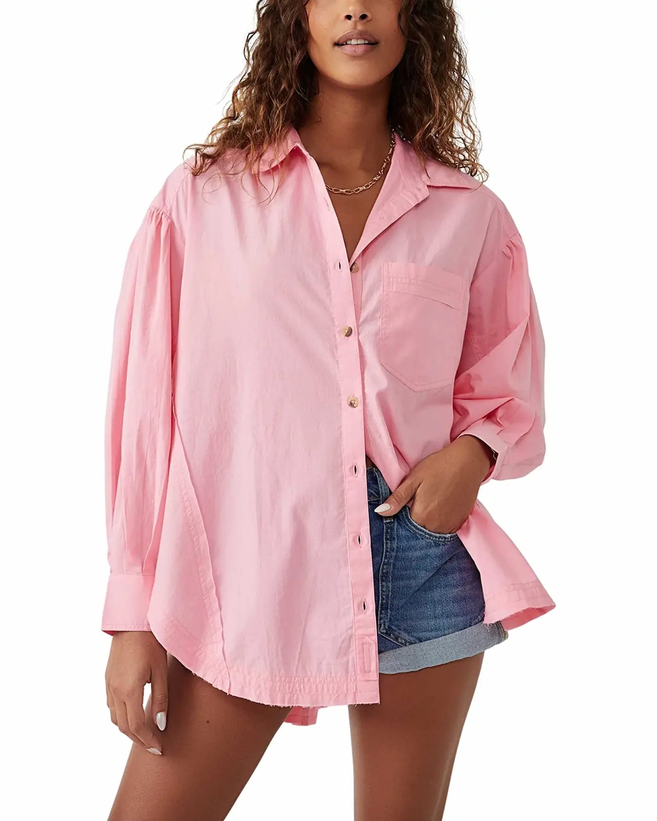 A "Happy Hour" long sleeve button up shirt for women. In the color Strawberry cream, from the brand, Free People.