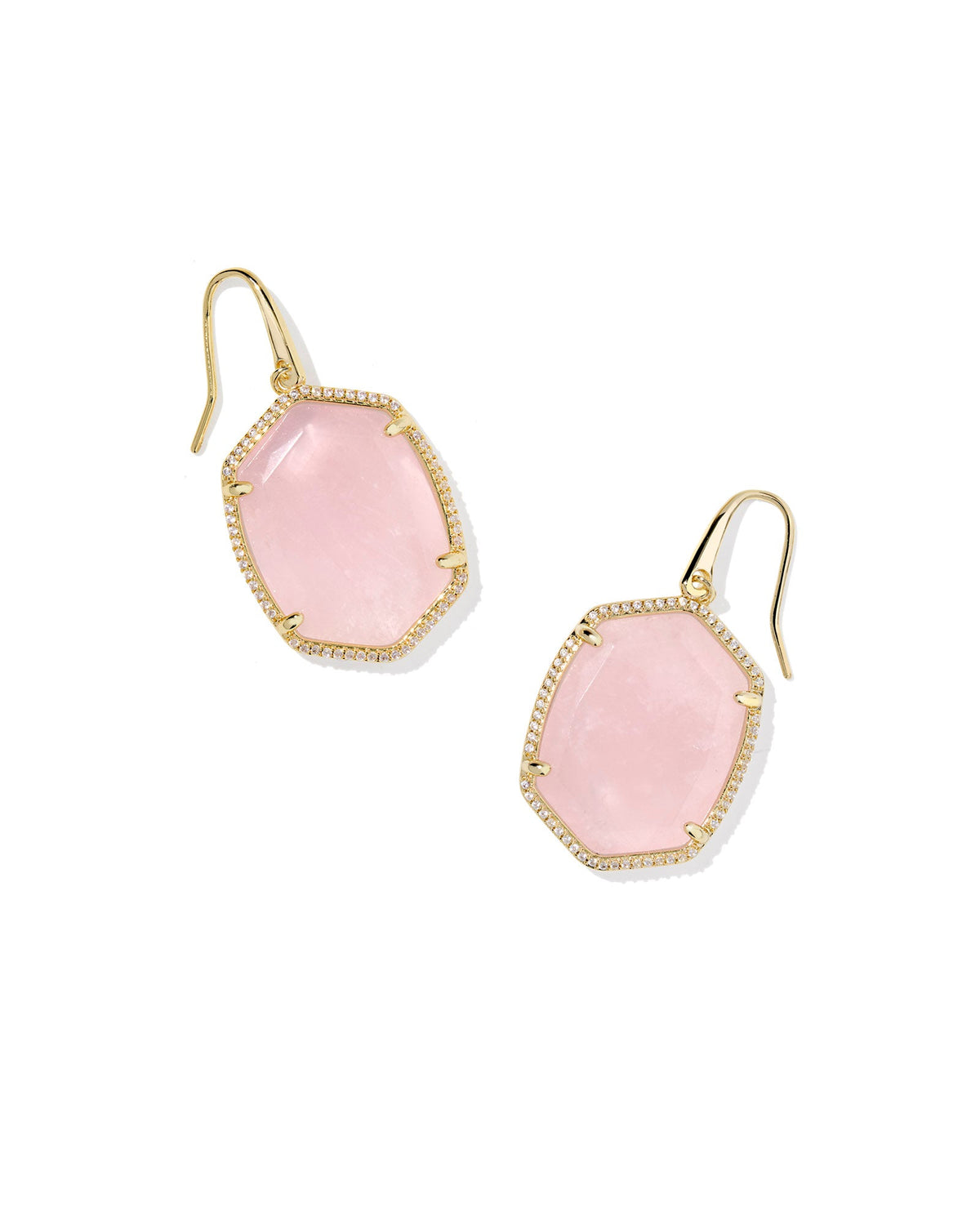 Daphne Pave Frame Drop Earrings - Gold Rose Quartz
