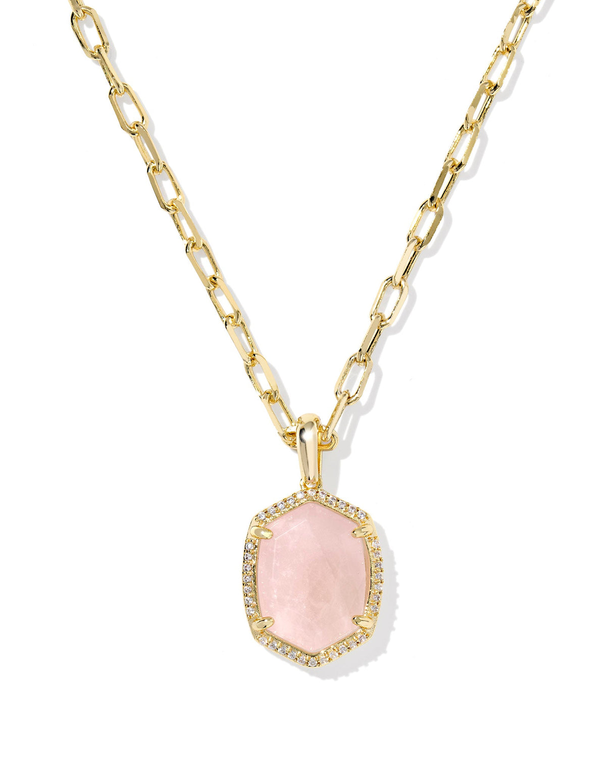 Daphne Pave Frame Short Pendant Necklace - Gold Rose Quartz