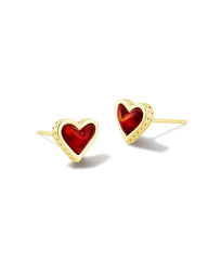 Framed Ari Heart Stud Earrings Gold Red Opalescent Resin