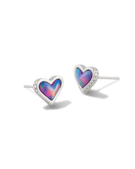 Framed Ari Heart Stud Earrings Silver Lilac Opalescent Resin