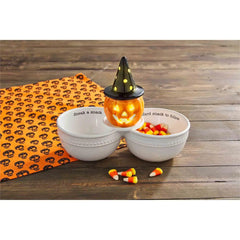 Snack Double Dip Server with a Halloween pumpkin in the middle, and candy corn on the right side.
