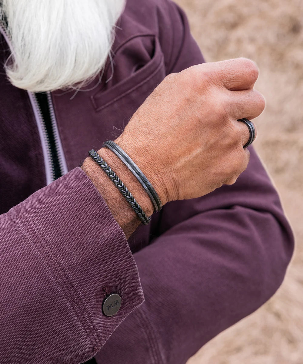 Pig & Hen Catena Foxtail Army Vintage bracelet styled with a burgundy jacket (Army | Vintage)