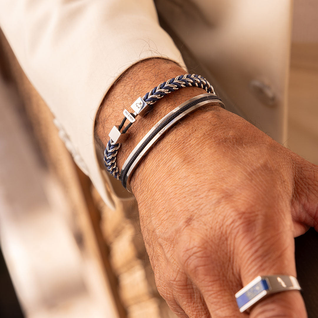 Pig & Hen Catena Foxtail Navy Silver bracelet on wrist (Navy | Silver)