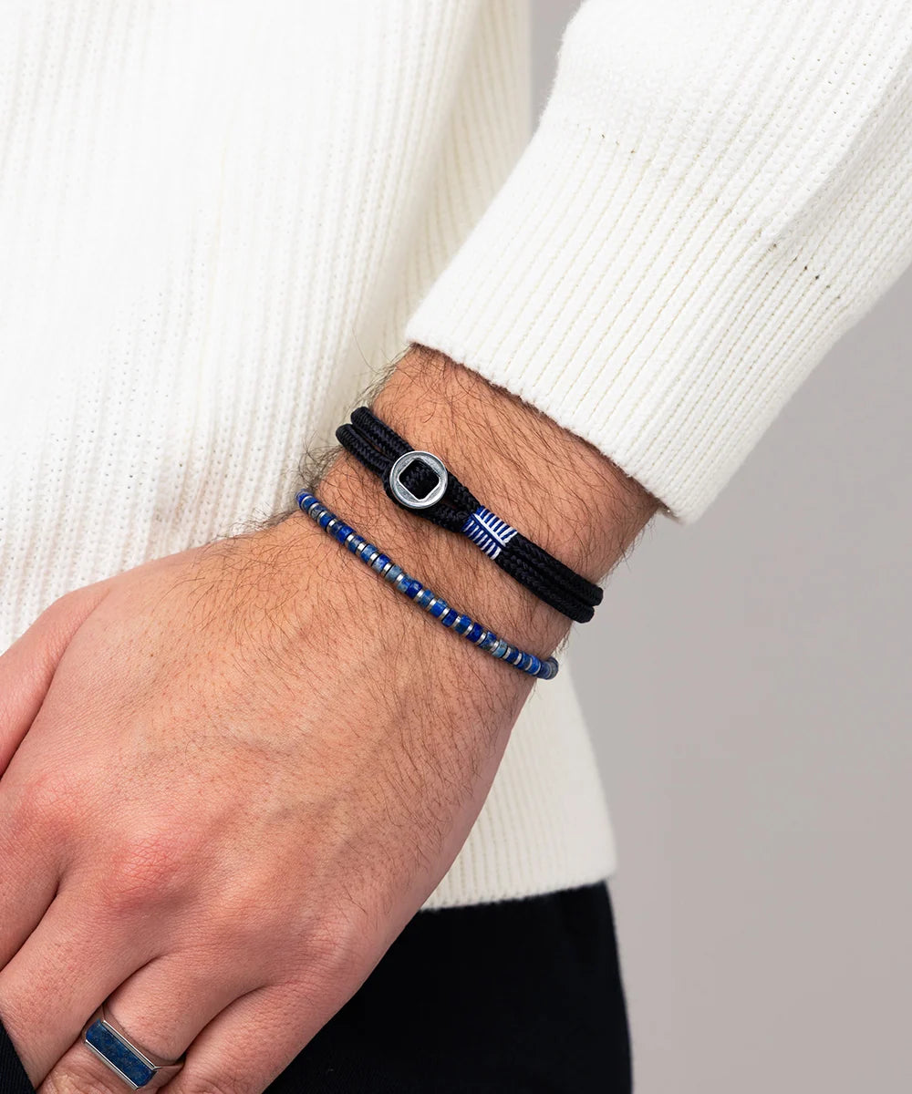 Pig & Hen don dino navy silver bracelet styled on wrist (Navy | Silver)