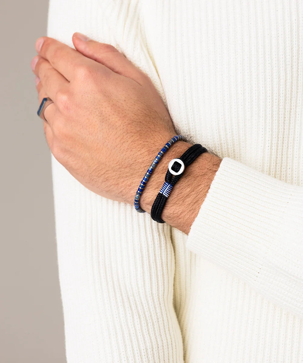 Pig & Hen don dino navy silver bracelet styled on wrist (Navy | Silver)