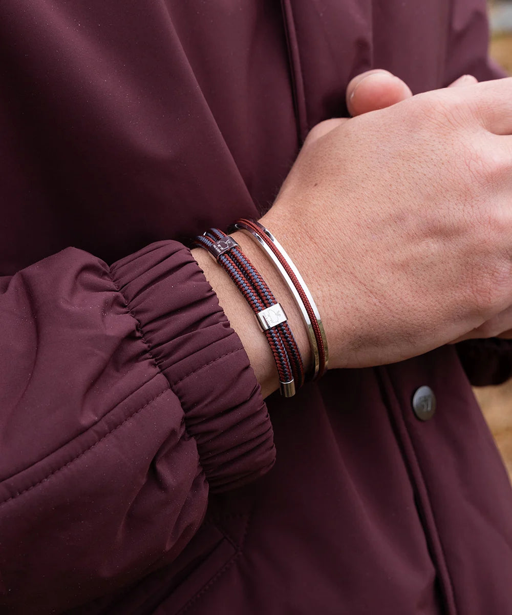 Pig & Hen Little Lewis DBL velvet red slate gray silver bracelet on wrist (Velvet Red - Slate Gray | Silver)