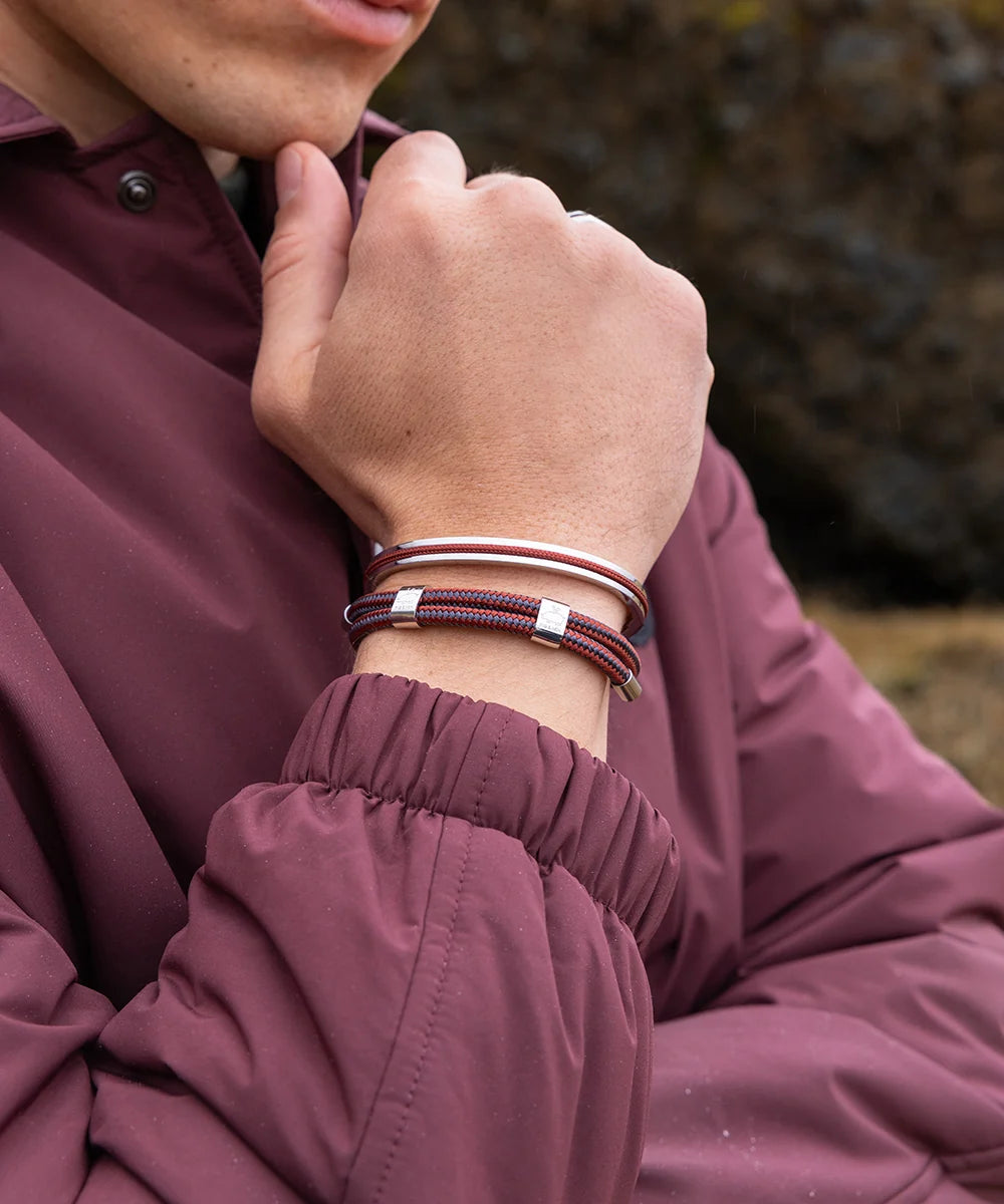 Pig & Hen Little Lewis DBL velvet red slate gray silver bracelet on wrist (Velvet Red - Slate Gray | Silver)