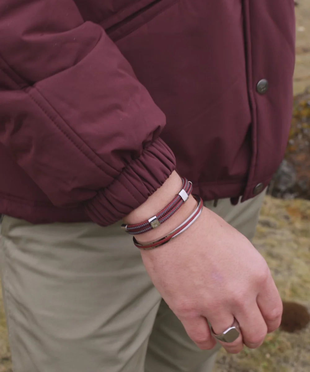Pig & Hen Little Lewis DBL velvet red slate gray silver bracelet on wrist (Velvet Red - Slate Gray | Silver)